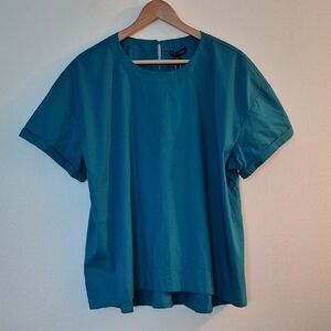 NWT Eileen Fisher Teal Short Sleeve Cuffed Keyhole Button Closure Top Size XL